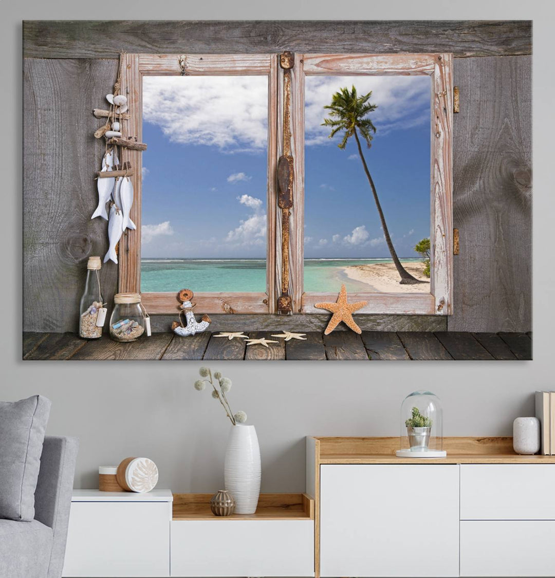 The Window Wall Art Relaxing Beach features seashells and a rustic window frame.