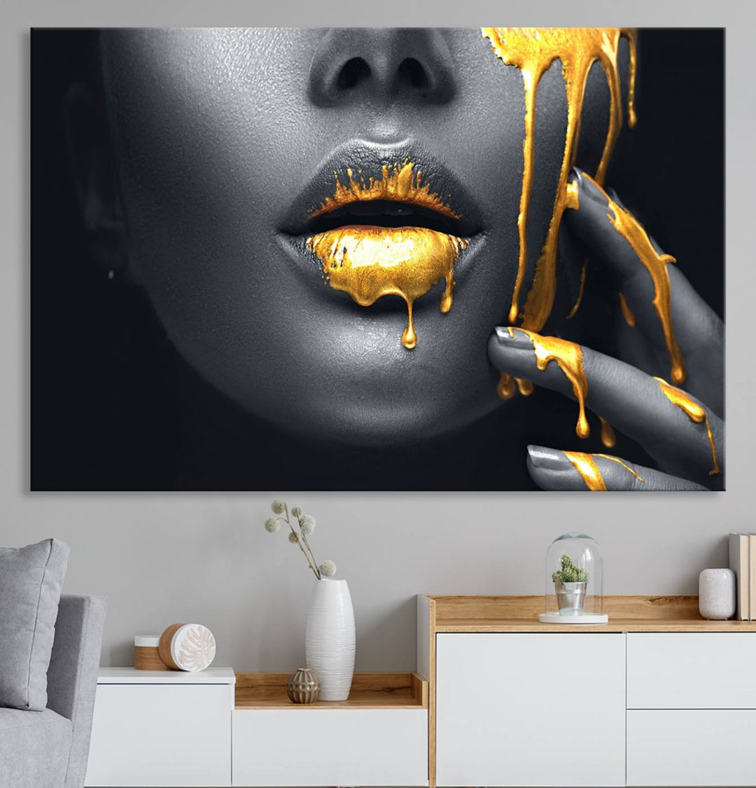 The Gold Lips and Black Woman Makeup Canvas Print features a chic monochrome face design, making it ideal for a modern dining room.