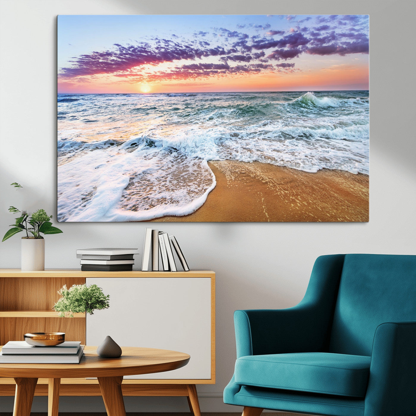 MGV-CV-36X24 - Coastal Sunset Art Beach Canvas Wall Art Print | Ocean Waves Wall Art | Large 3-Panel Seascape for