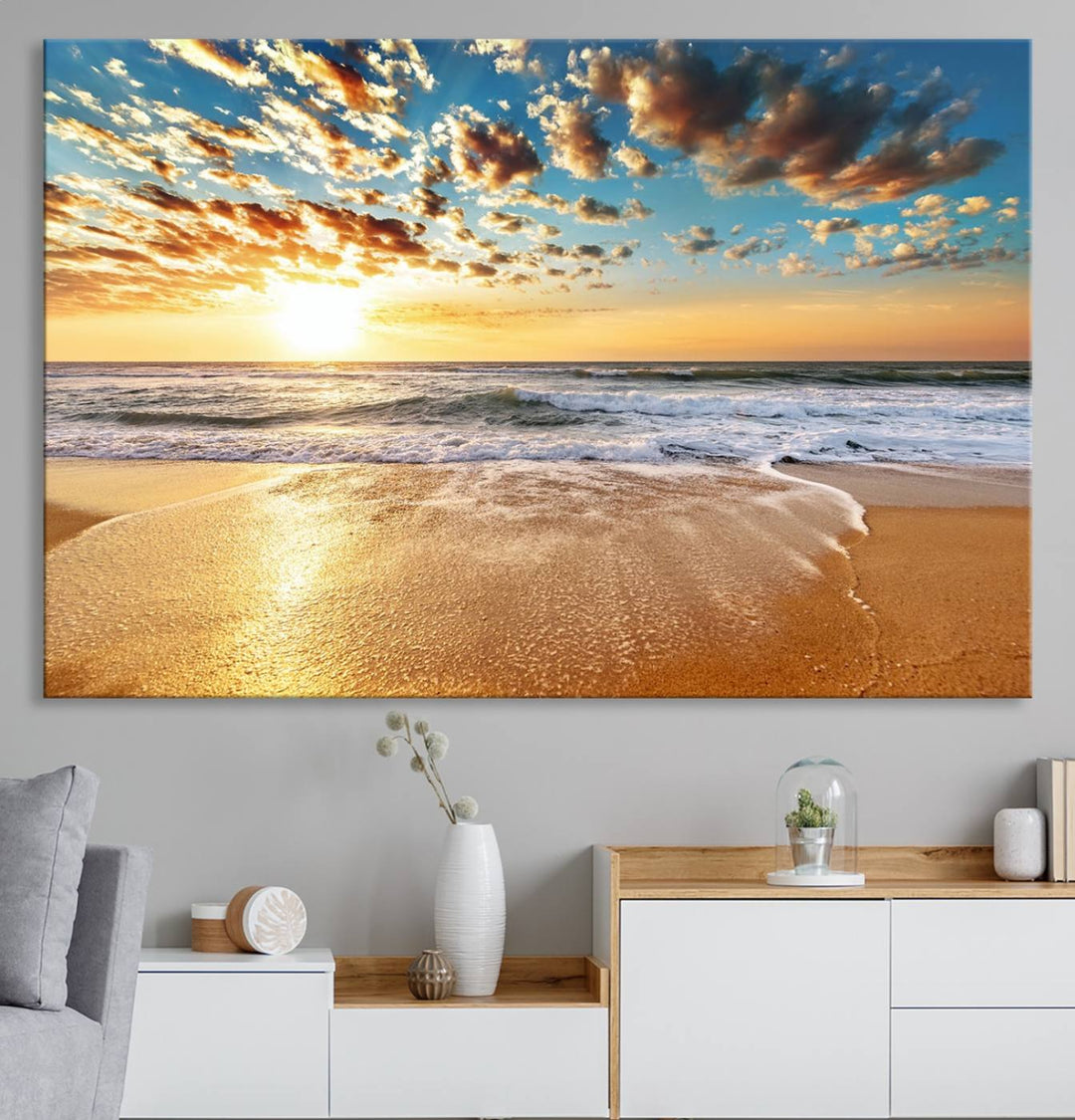 A gallery-wrapped canvas titled Soothing Sunset on Calm Beach is featured.