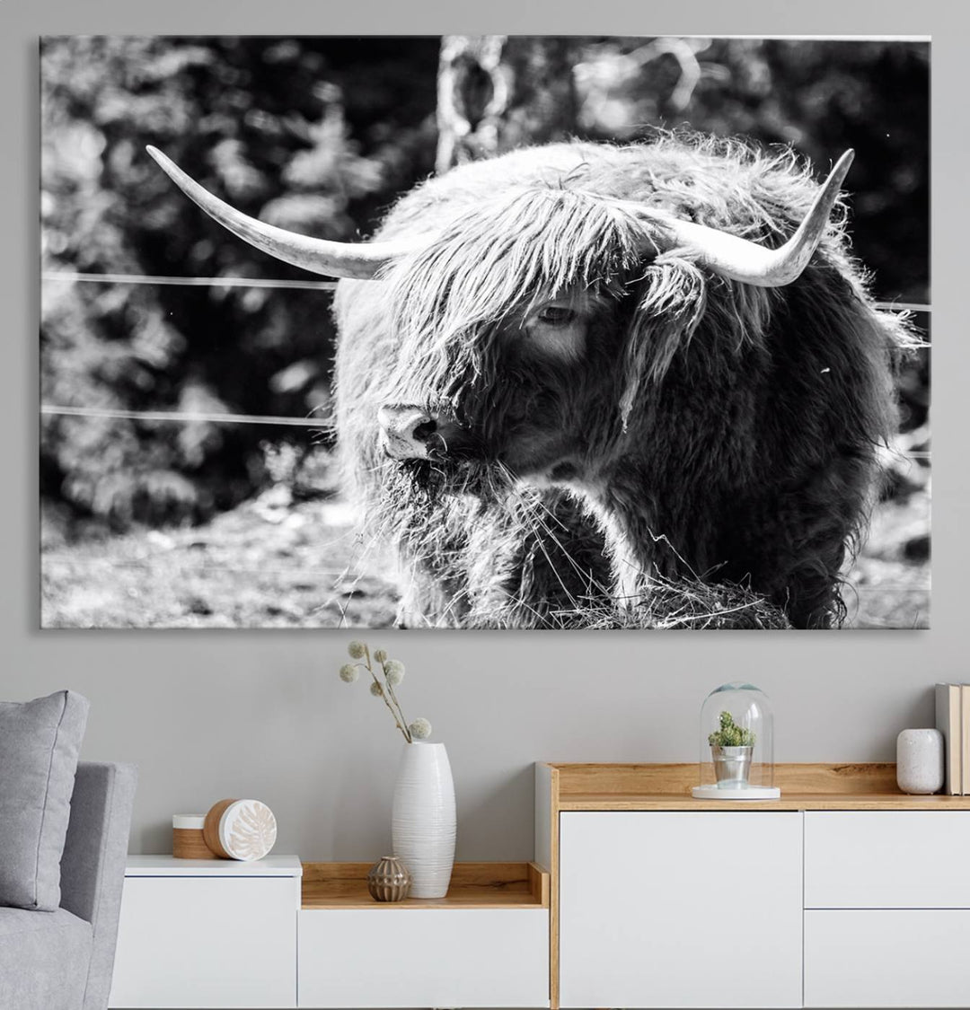 The black and white Highland Cow Canvas Wall Art adds farmhouse elegance to the space.