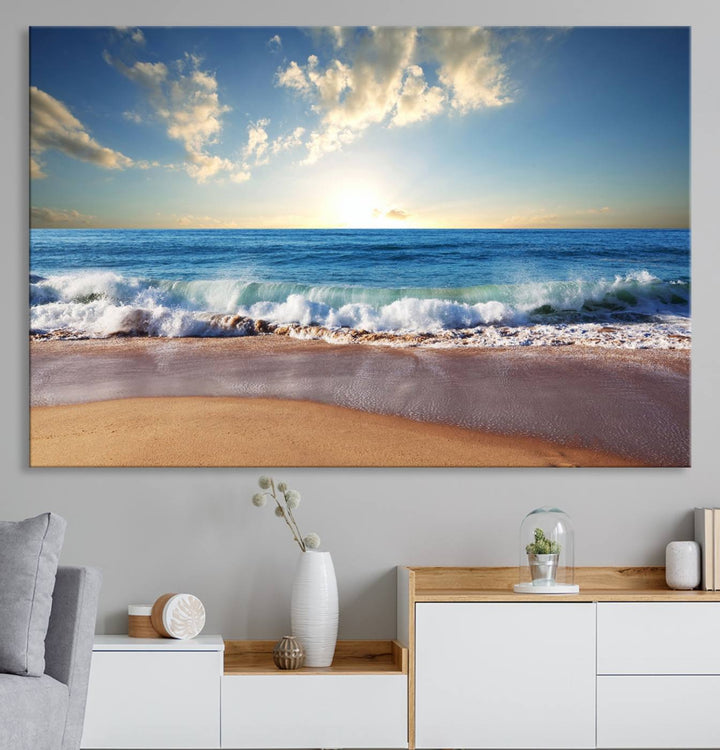 The dining room features a Coastal Tropical Beach Sunset canvas wall art.