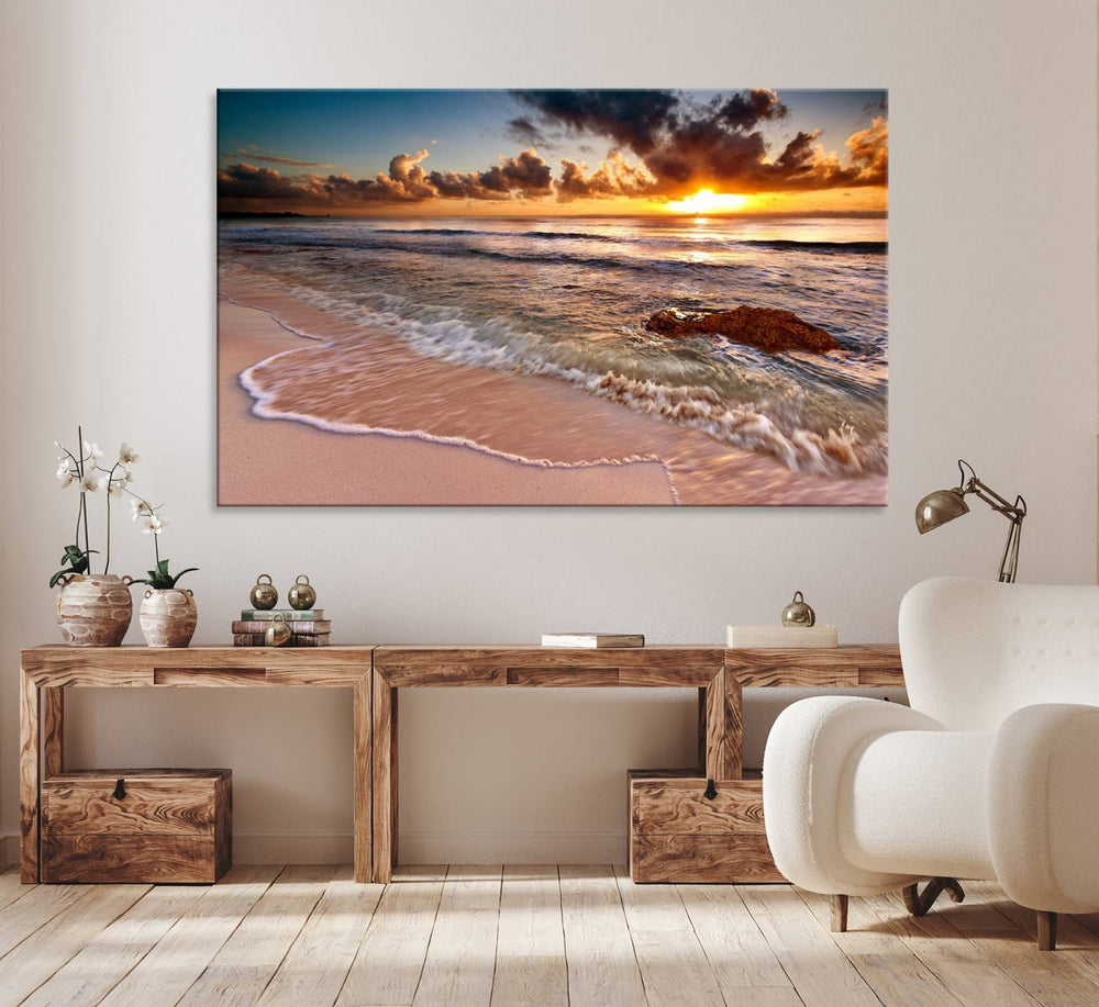 The Sunset on Ocean Wall Art Canvas Print beautifully captures a beach sunset, gentle waves, and a peaceful atmosphere.