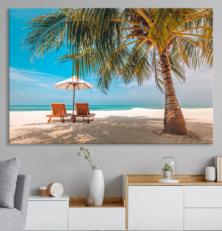 The 3-panel Tropical Beach Wall Art features palm trees and sun loungers, perfect for coastal decor.