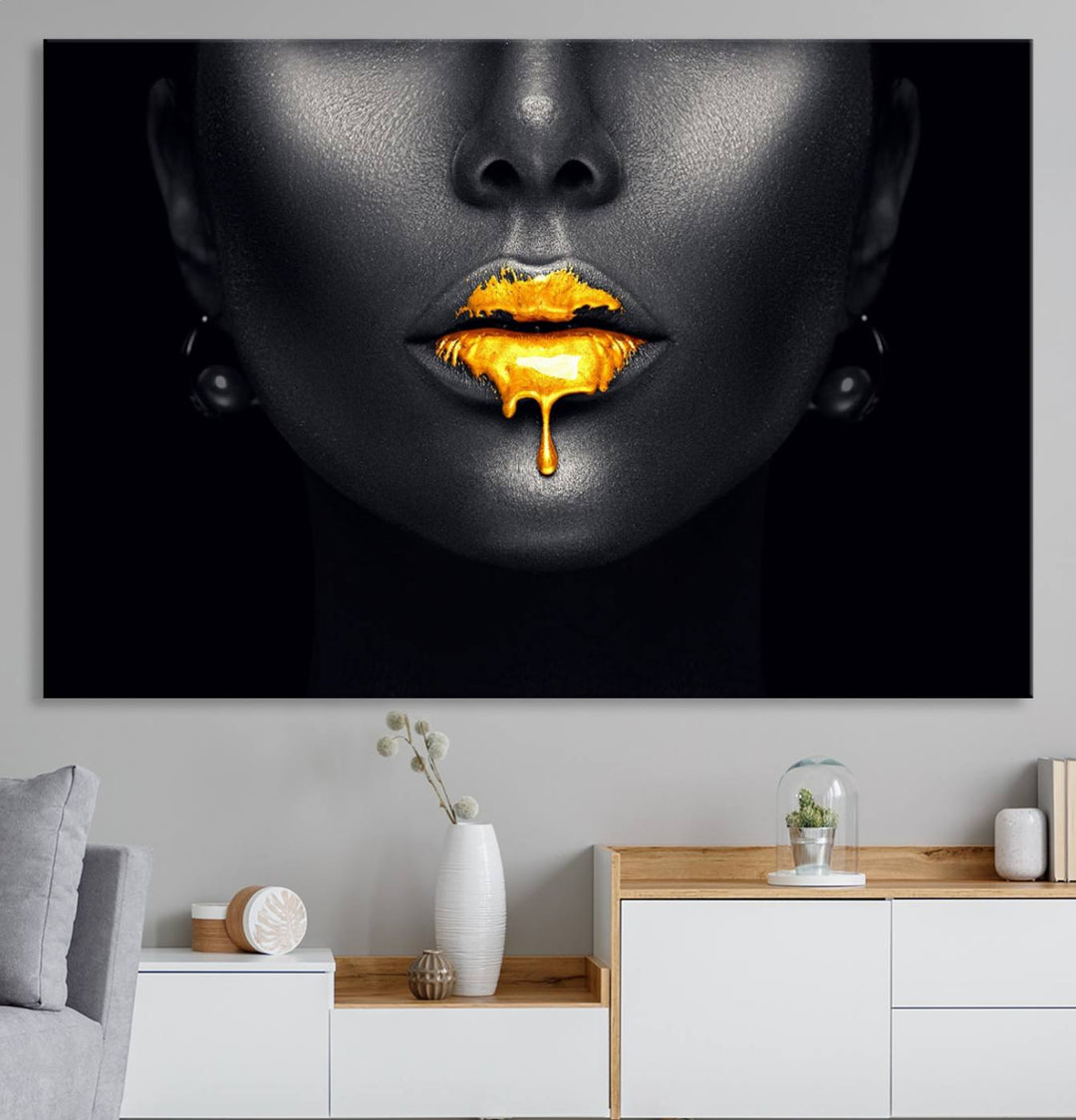 The Honey Gold Lips and Black Woman Photograph canvas print adds a striking touch to the room.