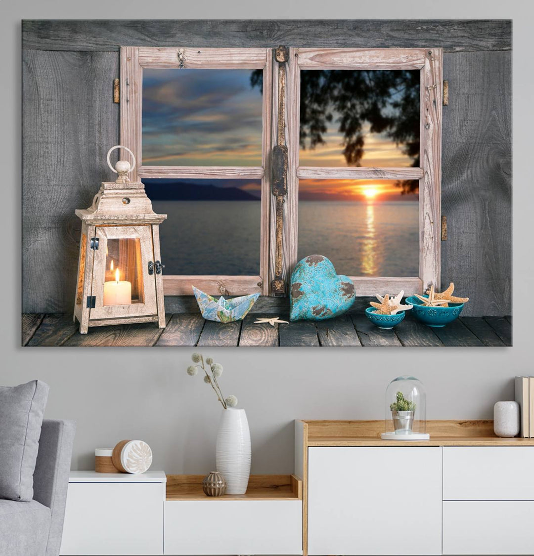 The Astonishing Sunset from the Window canvas print beautifully captures a sea view, accompanied by a lantern and starfish.