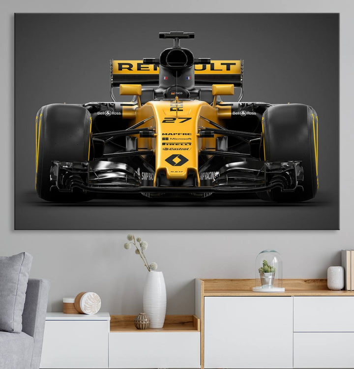 A yellow and black F1 Renault car canvas print with free shipping.