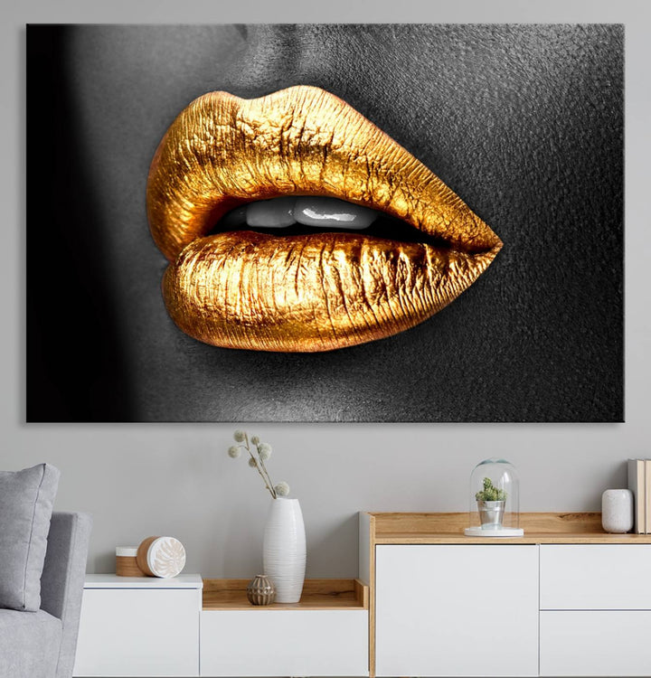 The Gold Lips Canvas Wall Art on a black background is showcased.