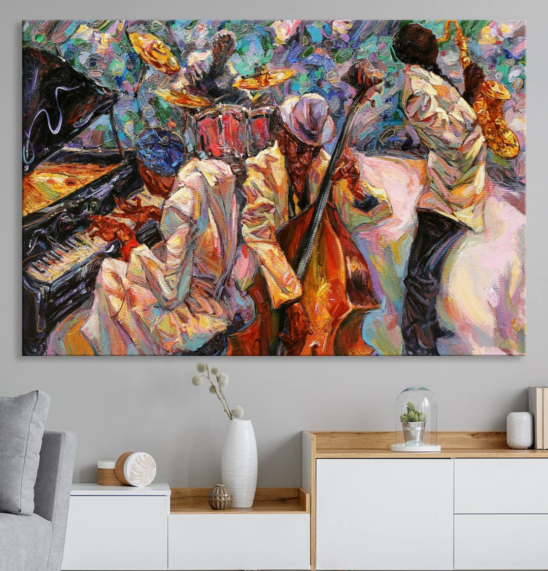 The wall features an African American Jazz Art Music Abstract Painting on Canvas.