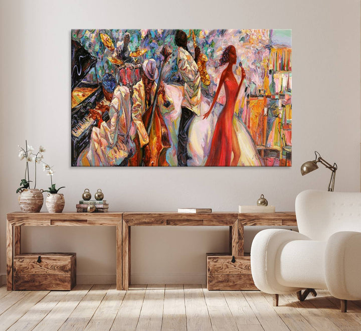 The Abstract Afro American Jazz Canvas captures a vibrant jazz band and showcases a woman dancing in red, making it perfect for dining or music spaces.