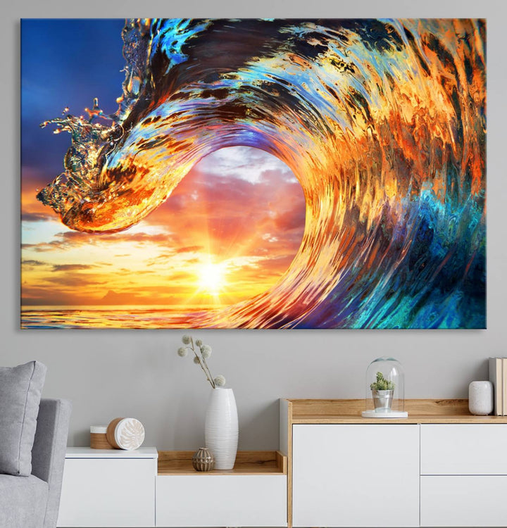 Wave Canvas Wall Art: A multi-panel sunset ocean scene that adds vibrant decor to any space.