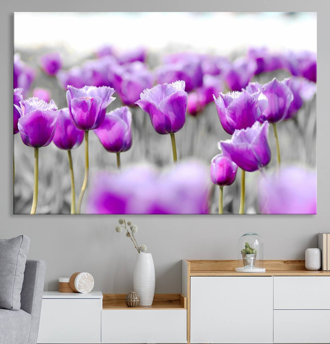 A gallery-wrapped Tulip Fields canvas wall art in a vivid purple hue.