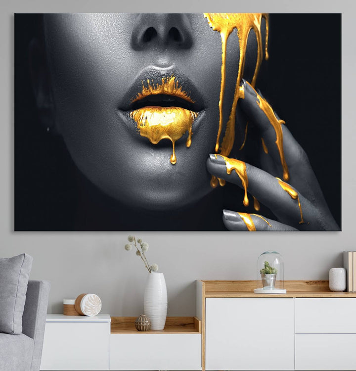 Above the dining area is the Gold Glitter Lips Fashion Makeup canvas wall art.