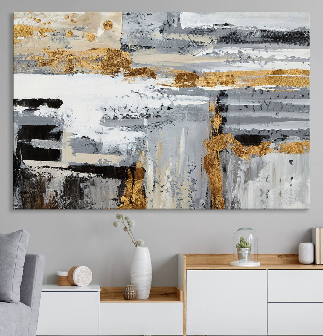 The Abstract Painting Canvas Wall Art in gray tones radiates modern elegance.