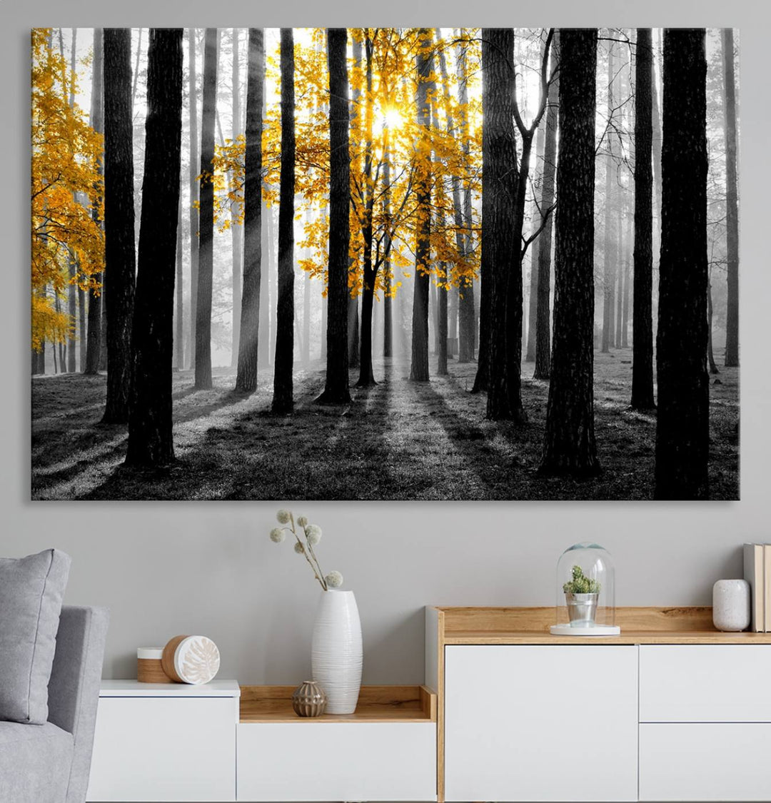 Nature Misty Foggy Autumn Forest Wall Art Print displayed above a modern dining room.