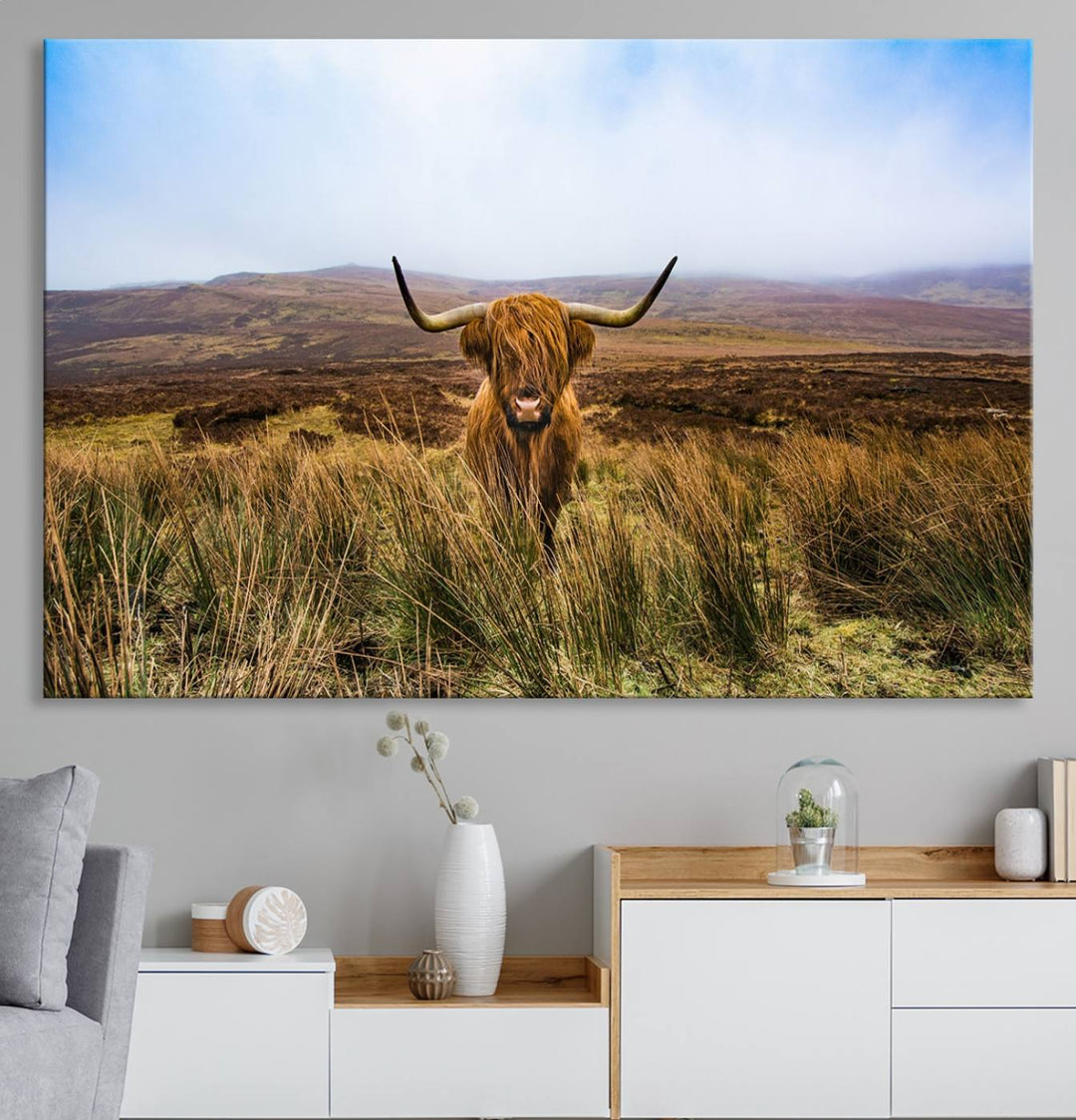 A Scottish Highland Cow art print canvas with UV-protection adorns the wall, preserving vivid details.