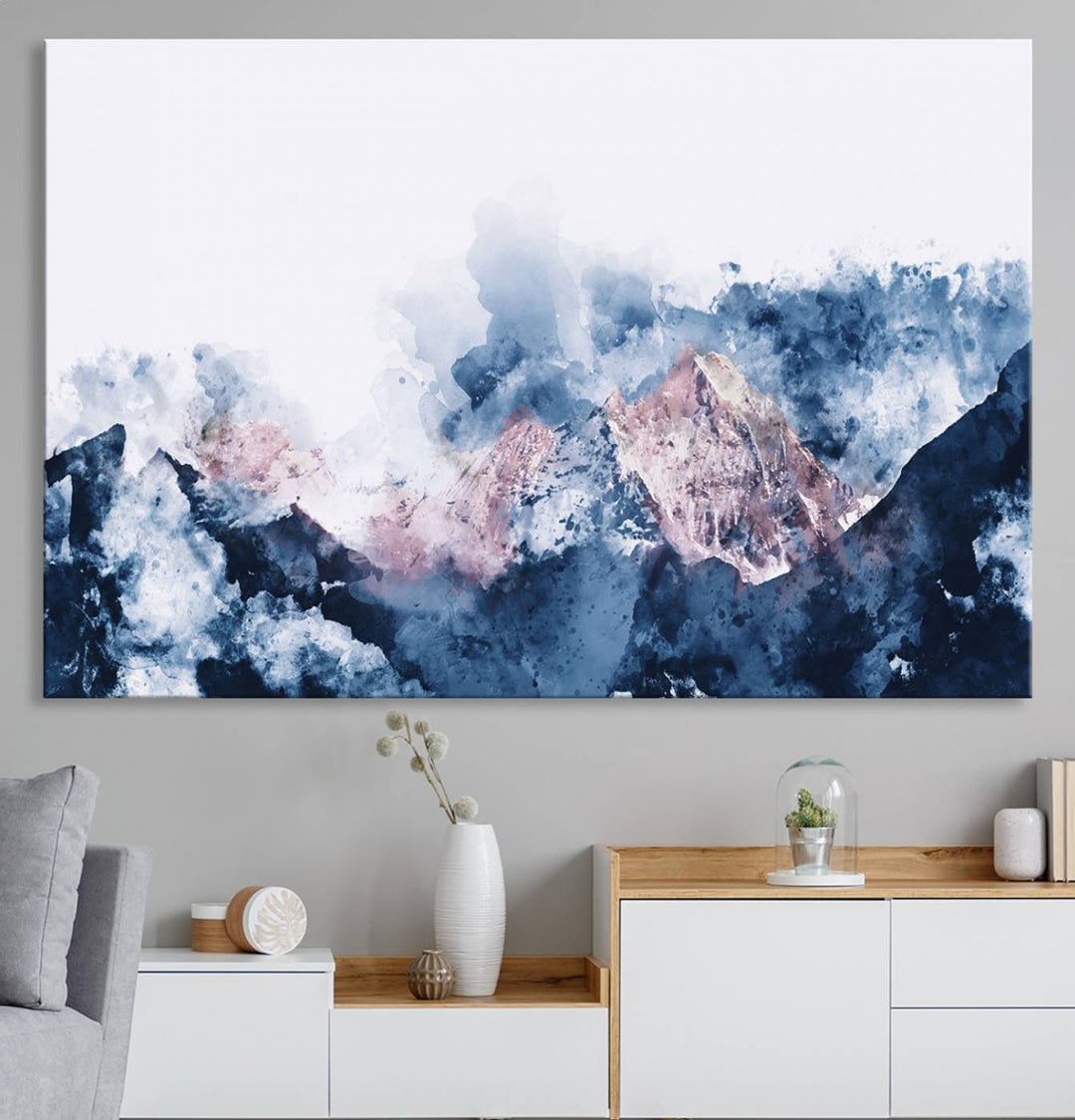 A modern kitchen showcases an Abstract Watercolor Mountain Landscape Art Canvas Print.