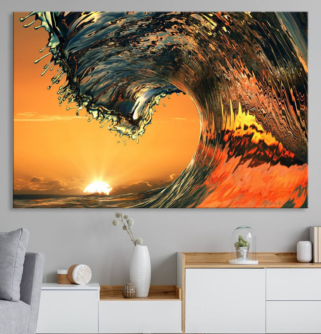 The Ocean Wave With Perfect Sunset canvas wall art adds a striking focal point to the room.