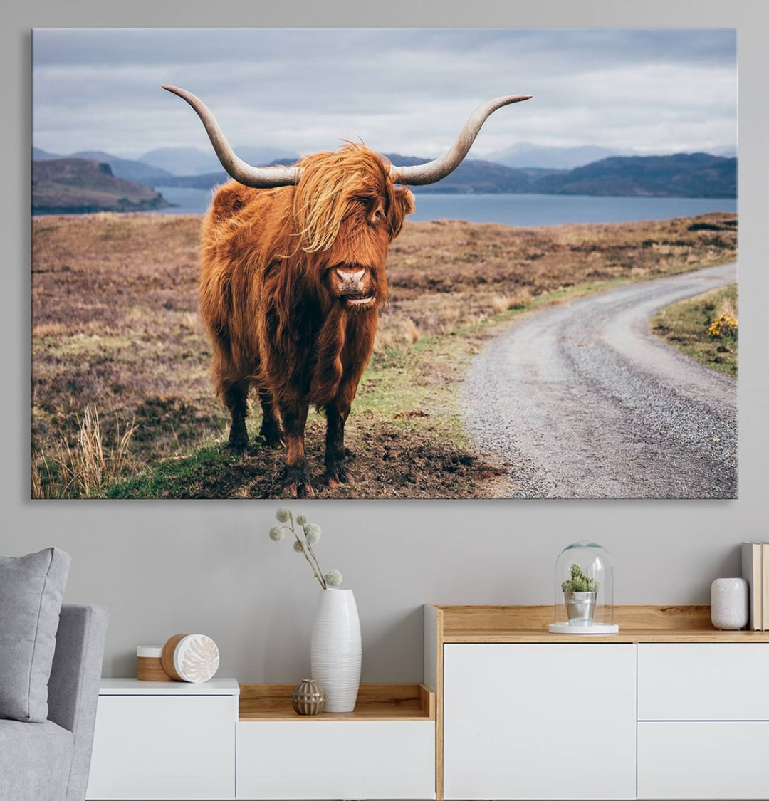 The Longhorn Highland Cow Canvas Wall Art is prominently displayed.