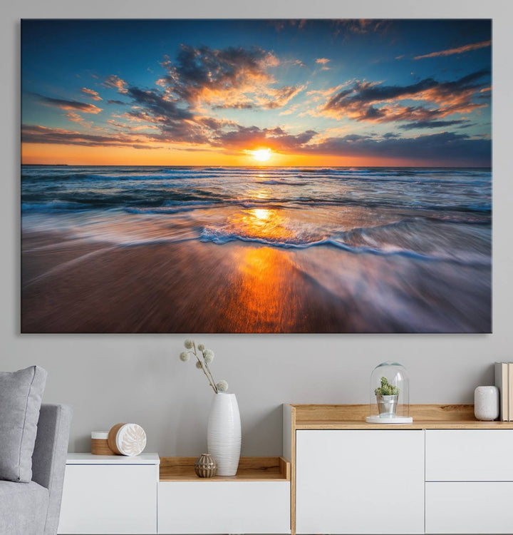 A museum-quality Beautiful Sunset over the Horizon canvas adorns the living room wall.