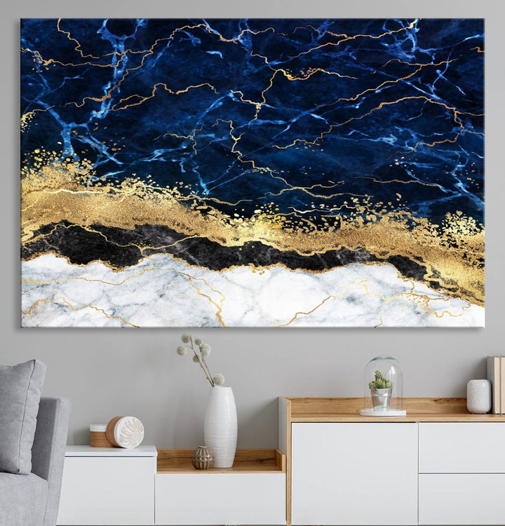 Navy Blue Marble Fluid Effect Canvas Wall Art, featuring a gold and white abstract design, adds a finishing touch to your modern kitchen decor.