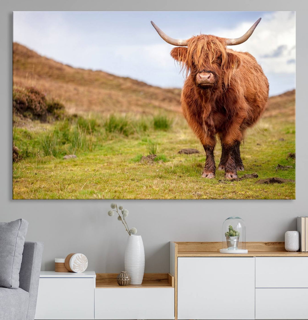 A Highland Cow Animal Canvas Wall Art hangs on the wall, adding warmth to the room.