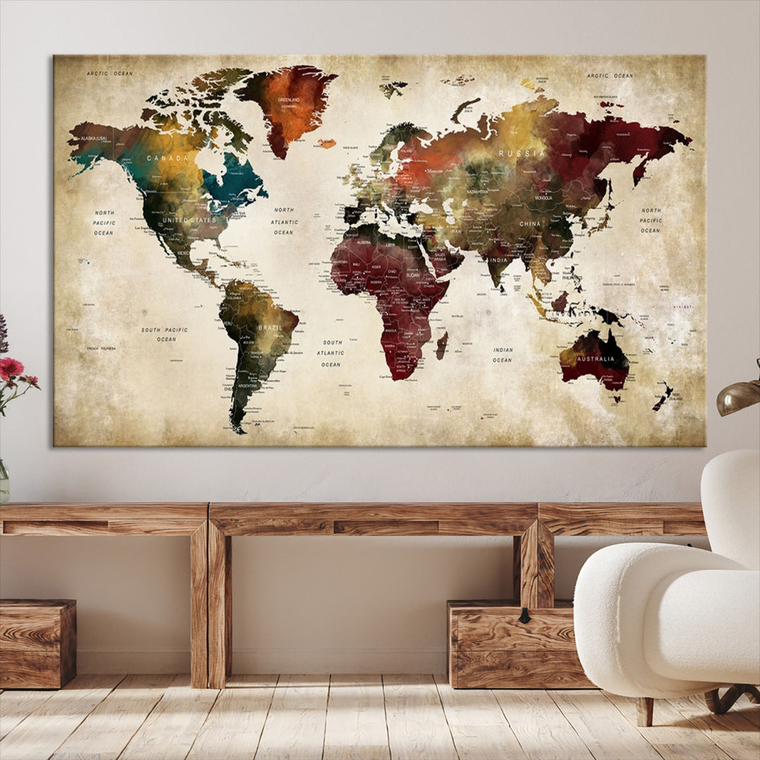 Large World Map Wall Art Canvas Print, Push Pin Map Print, Framed Abstract Traveller Map Art Print, Large Watercolor World Map Printing Perfect for Modern Decor