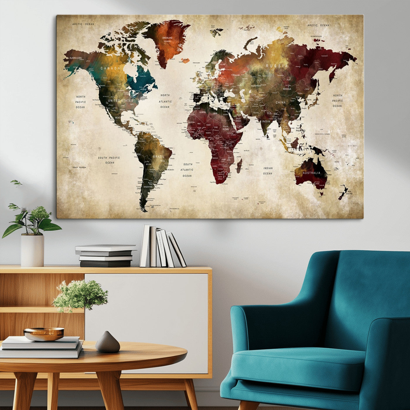 MGV-CV-36X24 - Large World Map Wall Art Canvas Print, Framed Push Pin Map Art Picture Print, Abstract Traveller Map Perfect Modern Decor Artwork