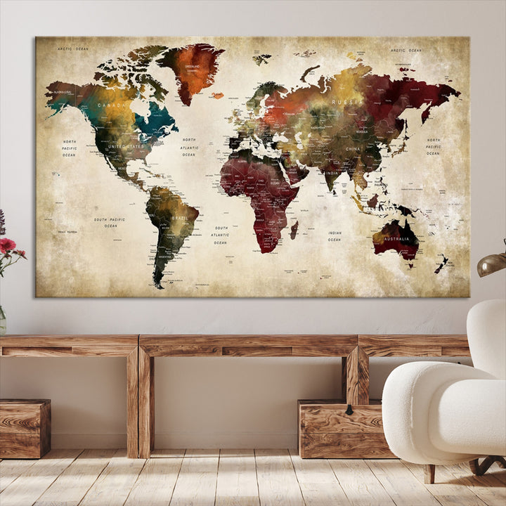 Large World Map Wall Art Canvas Print, Push Pin Map Print, Framed Abstract Traveller Map Art Print, Large Watercolor World Map Printing Perfect for Modern Decor