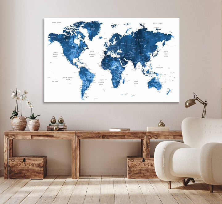 Navy Blue Wall Art World Map Canvas Print, an ideal piece for anyone seeking unique home or office decor.