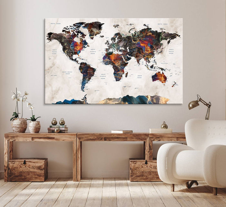 Watercolor World Map Canvas Print in earthy hues with a grunge background, ideal for wall decor.