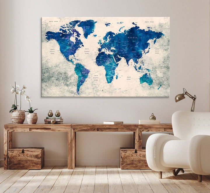 Navy Blue Push Pin World Map Canvas Print featuring a grunge-stained background, with labeled countries and oceans.