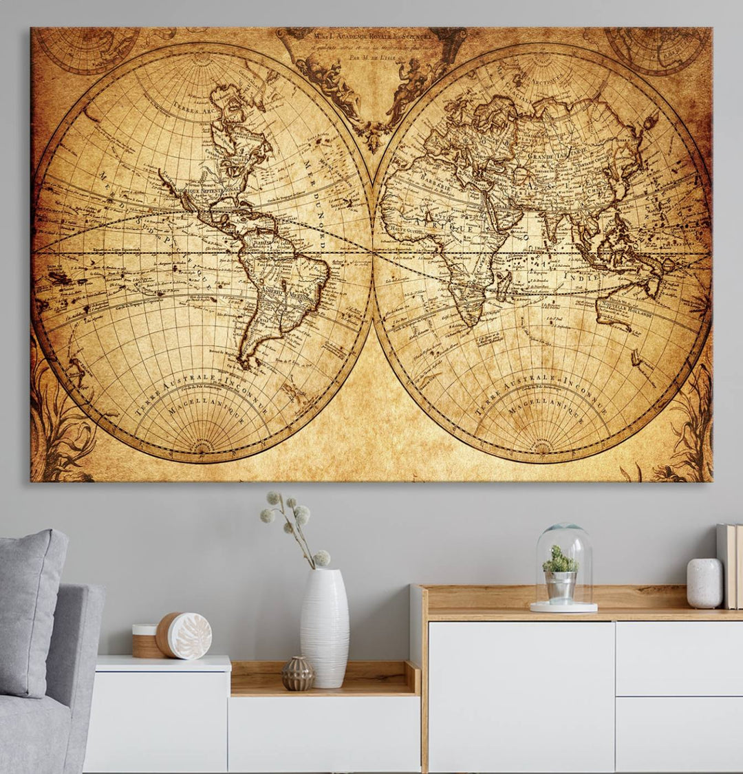 Vintage World Map Wall Art | 3-Panel Canvas Print for Living Room, Office, or Study | Giclee Canvas with Antique Design