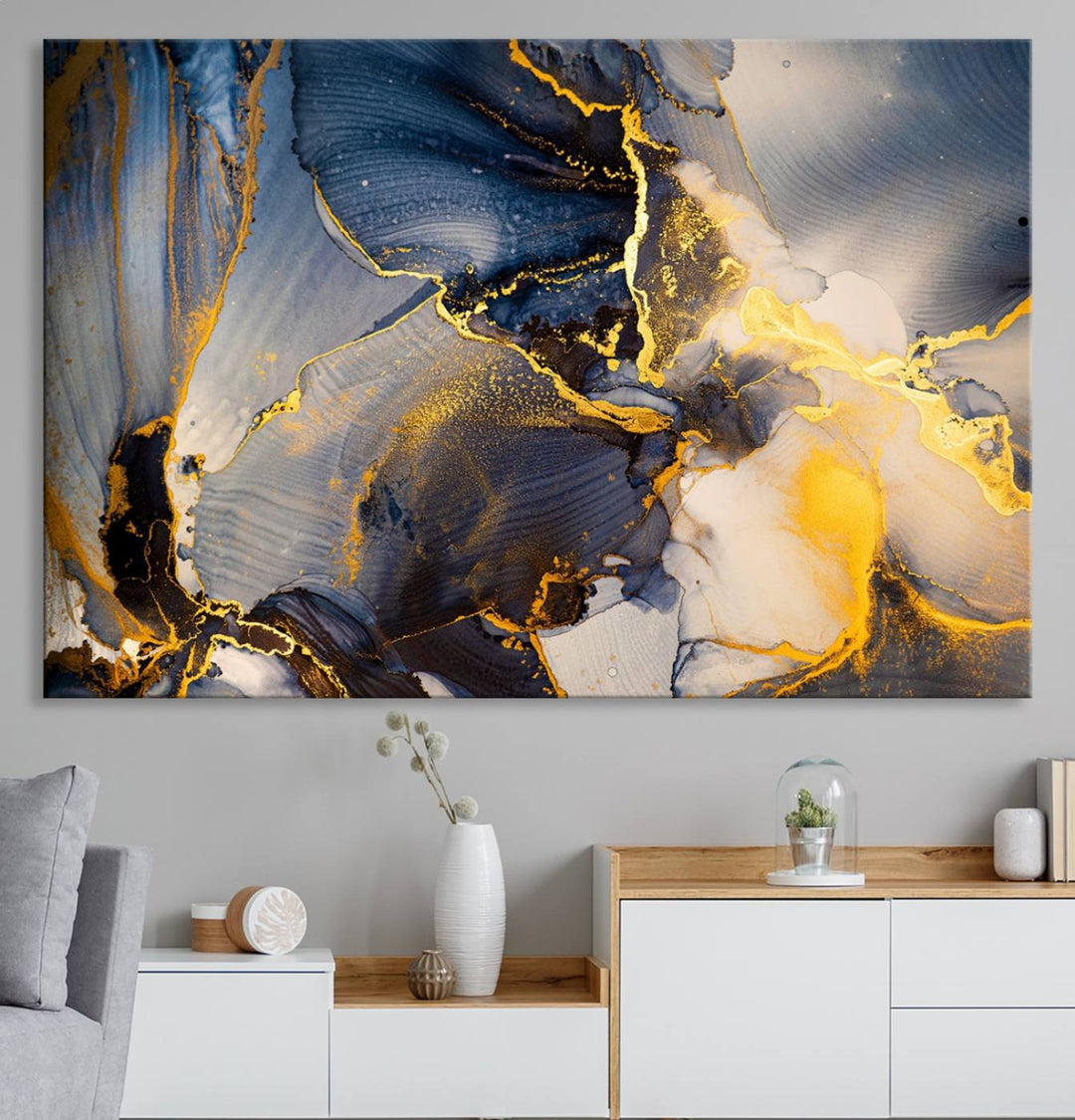 Large Abstract Wall Art Print - Gold and Blue Abstract Canvas Wall Art | Fluid Ink Modern Luxury Wall Decor for Living Room Decor