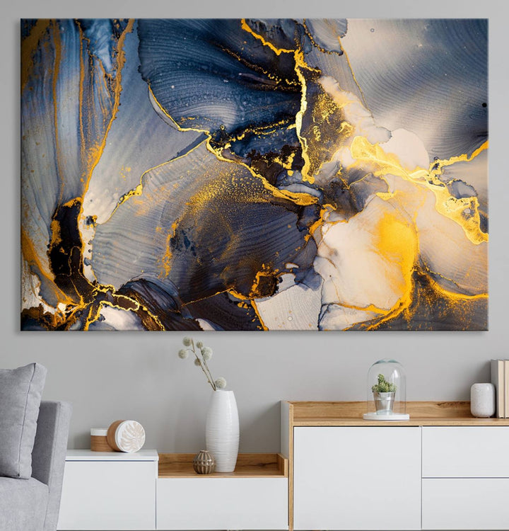 Large Abstract Wall Art Print - Gold and Blue Abstract Canvas Wall Art | Fluid Ink Modern Luxury Wall Decor for Living Room Decor
