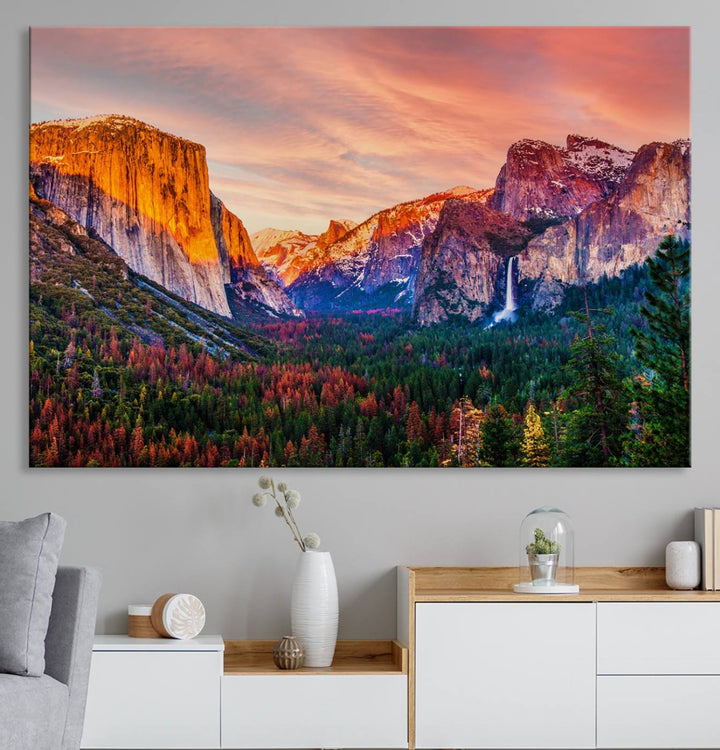 An El Capitan Yosemite Canvas showcasing a sunset over a mountain valley.