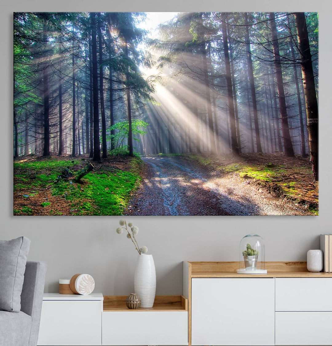 The dining area features a 3-panel Forest Path Canvas showcasing sun rays filtering through a misty forest.