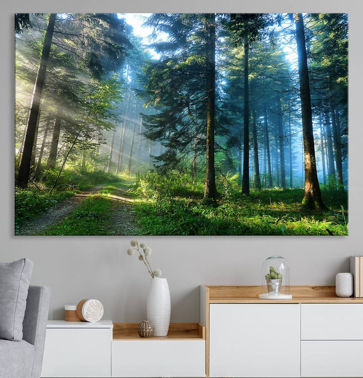 Enhancing the space is the Forest Sun Shine wall art canvas print, showcasing a serene forest scene.