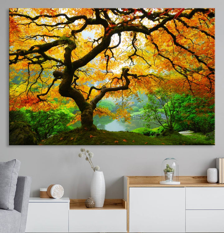 The Portland Japanese Maple Tree Canvas adds elegance to a modern living room.