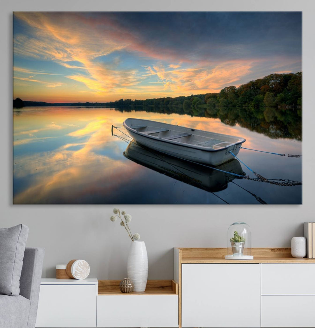 Serene Rowboat on Calm Lake Triptych Canvas Art, Giclee Wall Art of Peaceful Sunset Reflections, Tranquil Landscape Wall Art for Home or Office