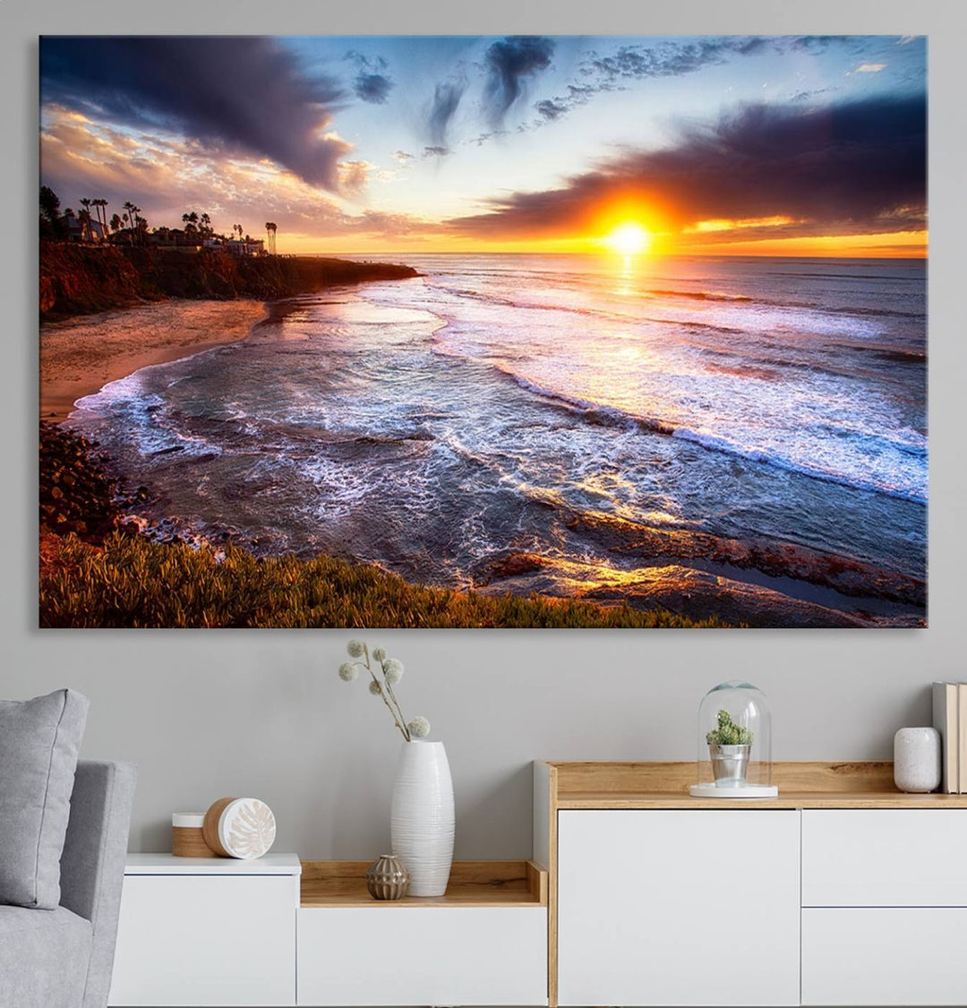 California Coastline Sunset Canvas Art, Ocean Waves Crashing on Cliffs, Giclee Canvas Print for Beach House Decor