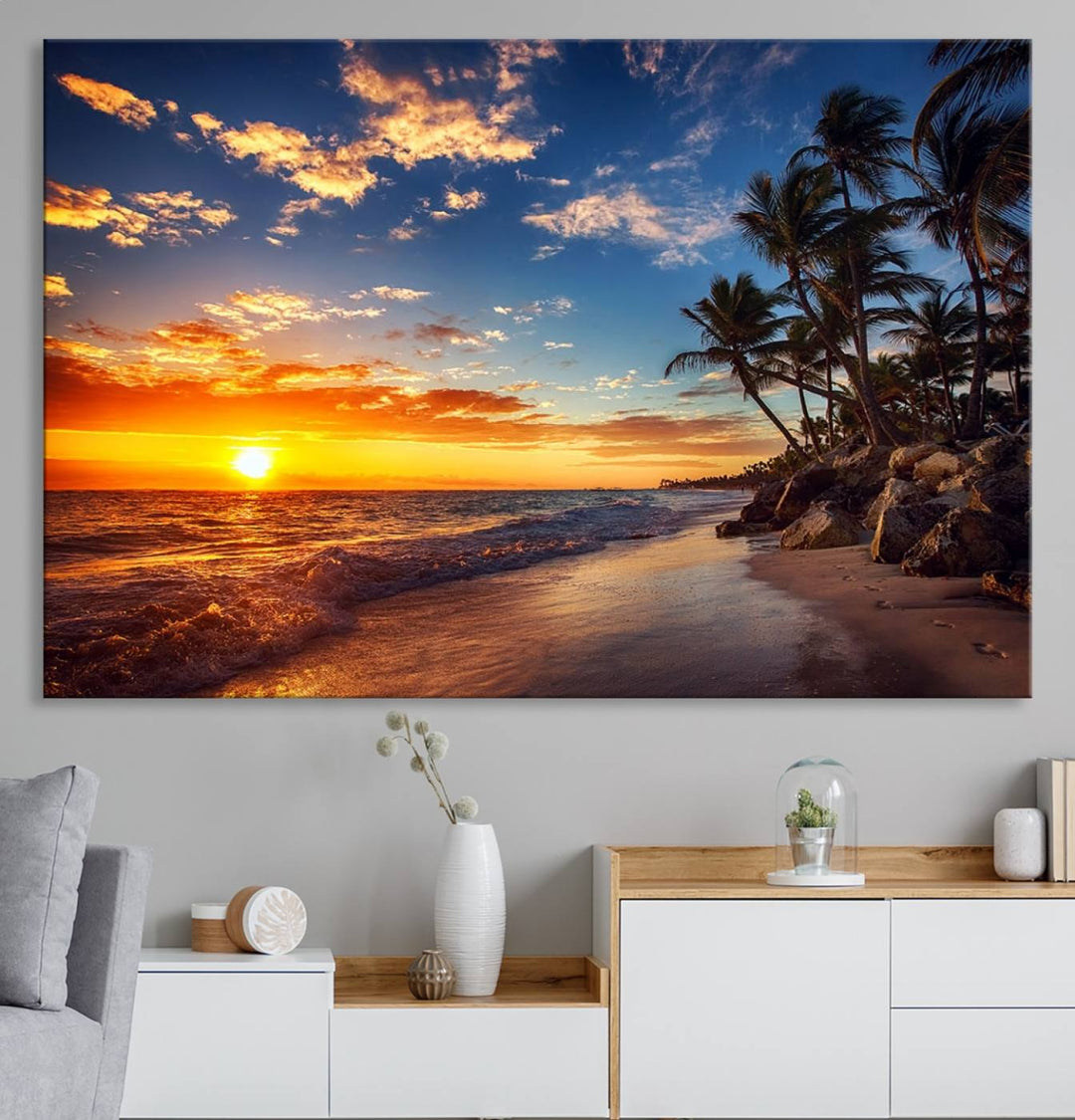 Tropical Beach Sunset Canvas Art, Palm Trees and Ocean Waves Wall Art, Giclee Print for Coastal Home Decor