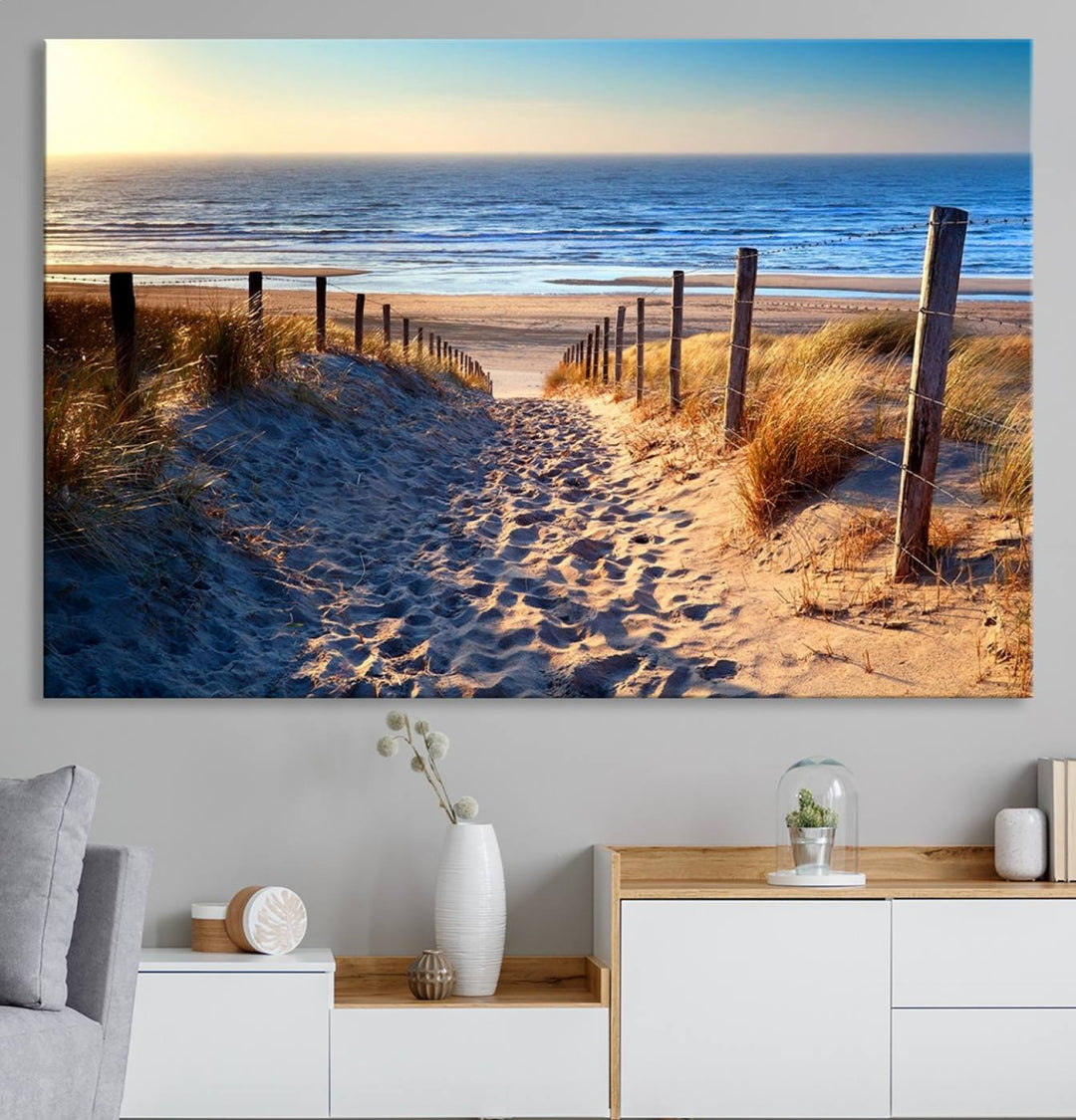 Tropical Beach Sunset Canvas Art, Ocean Waves and Sandy Shoreline Wall Art, Large Beach Decor for Coastal Homes