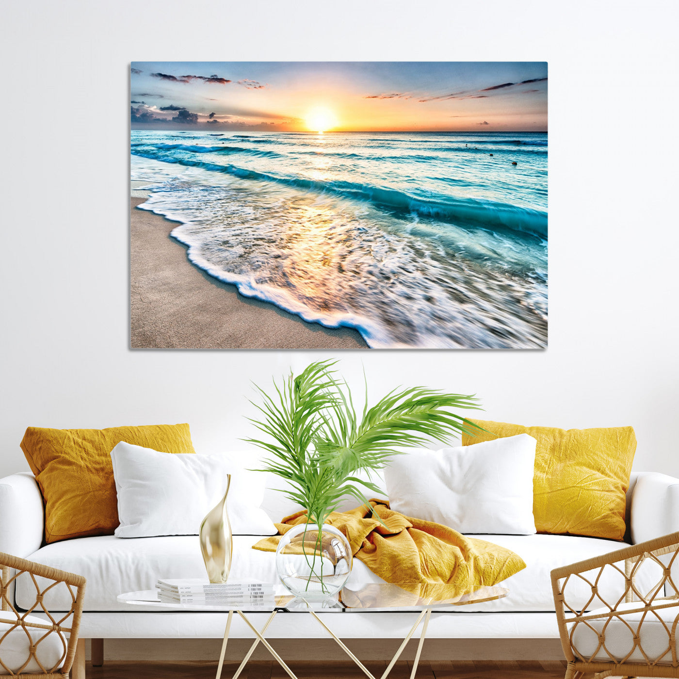 27815-MGV-CV-36X24-Sunset Beach Waves Canvas Wall Art – 5-Panel Ocean Sunset Print – Coastal Decor for Living Room or Bedroom – Ready to Hang