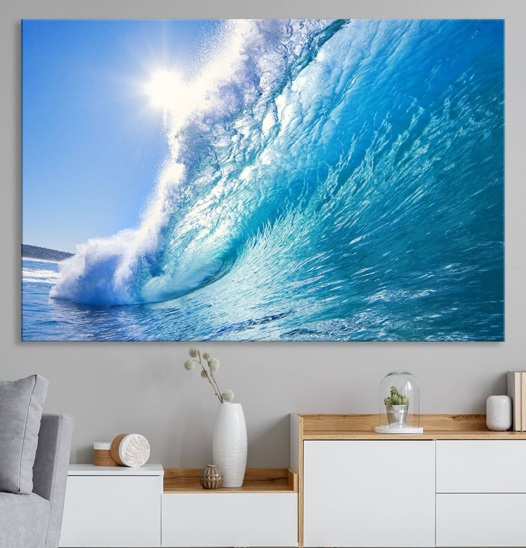 Blue Big Wave Surfing Ocean Canvas Wall Art Artwork Print , Surf Wall Art, Sea Wall Art