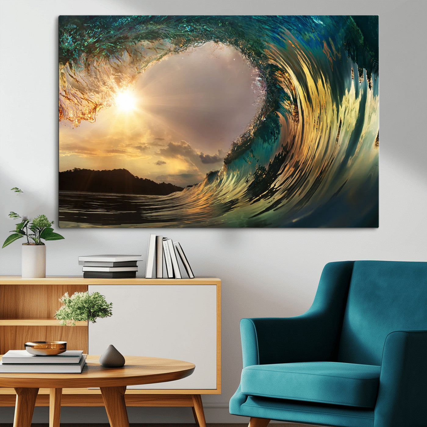 MGV-CV-36X24 - Golden Wave Sunset Giclee Canvas Print – Large Coastal Wall Art for Nature Lovers, Captivating Ocean Wave Decor