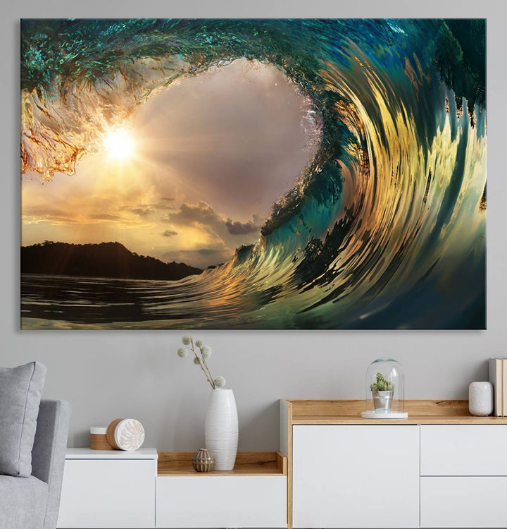 Golden Wave Sunset Giclee Canvas Print – Large Coastal Wall Art for Nature Lovers, Captivating Ocean Wave Decor