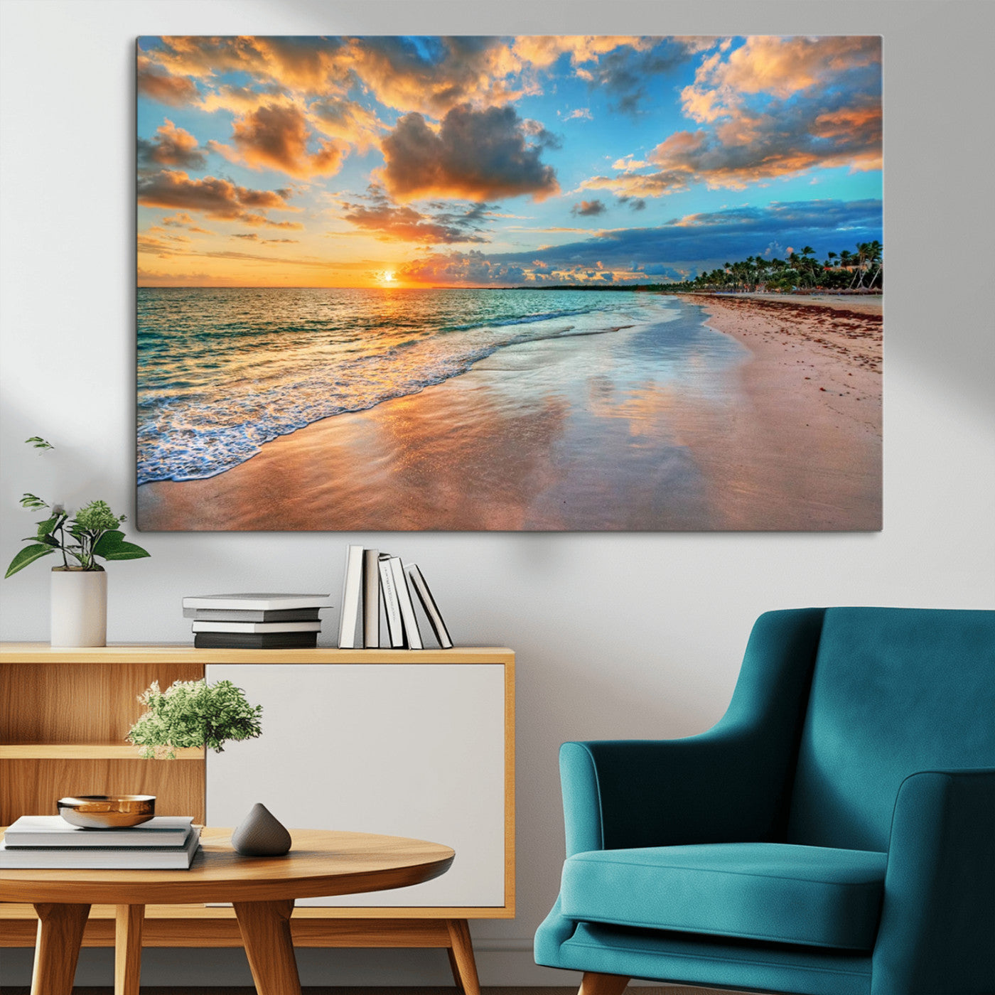 MGV-CV-36X24 - Sunset Ocean Waves on Tropical Beach, 3-Panel Giclee Canvas Art for Coastal Home Decor, Vibrant Palm-Lined Shore