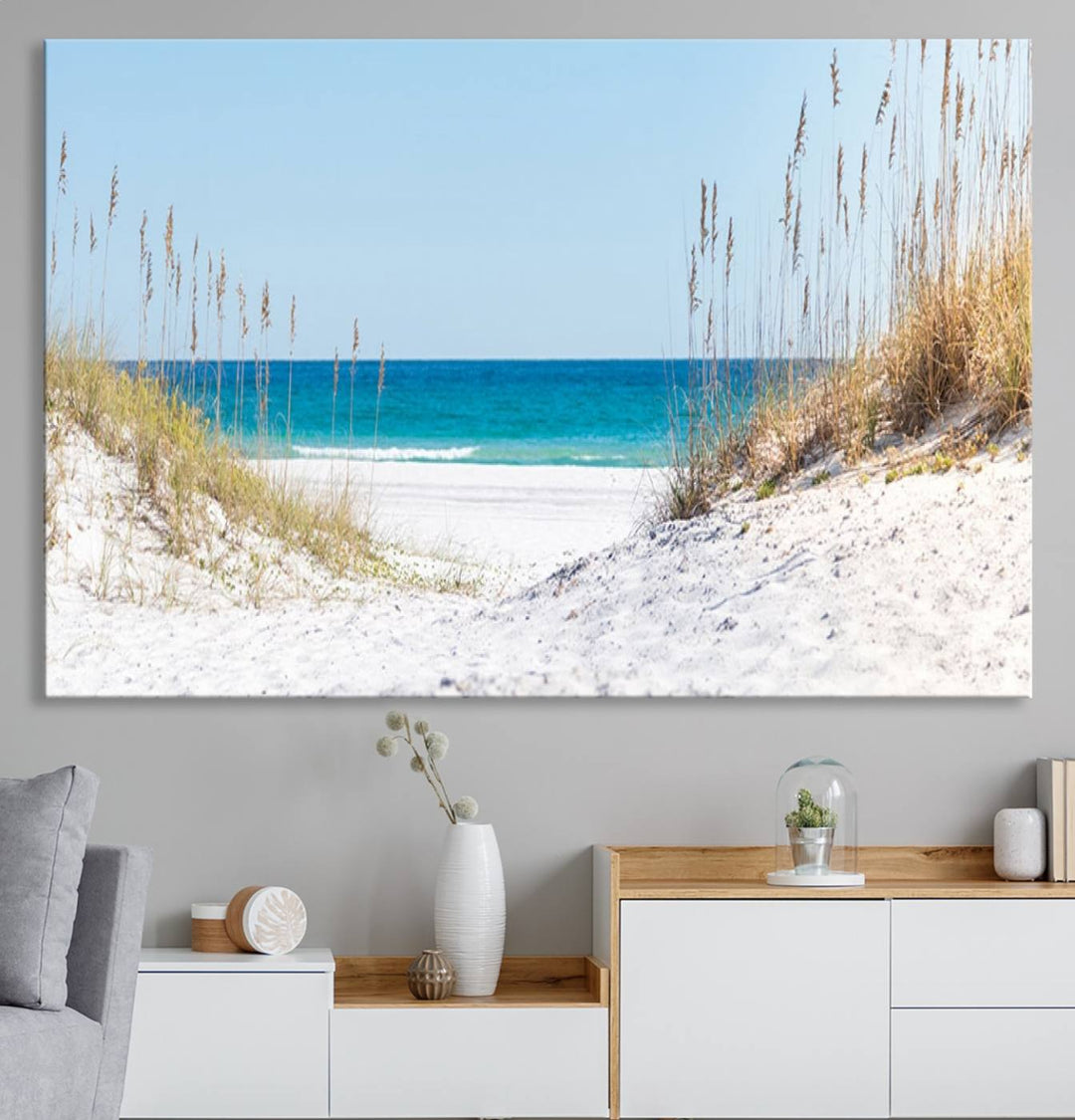 Serene Coastal Dune Path with Ocean View, 3-Panel Beach Canvas Art; tranquil seascape for coastal decor.