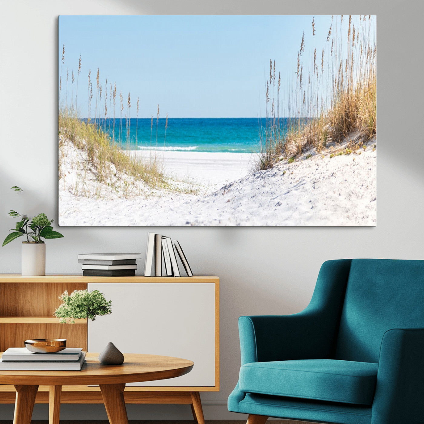 MGV-CV-36X24 - Serene Coastal Dune Path with Ocean View, 3-Panel Beach Canvas Wall Art, Tranquil Seascape Giclee Print, Gallery Wrap, Perfect for Coastal Home Decor
